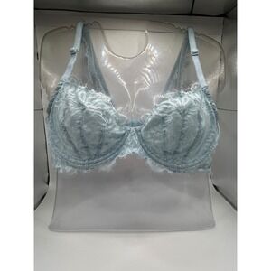 Victoria's Secret PINK Light Blue Lace Unlined Underwire Bra 36C Eyelash Trim